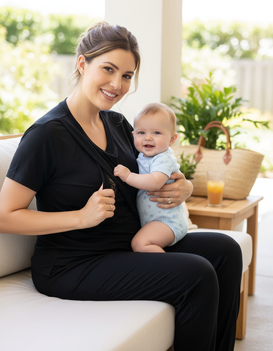 Black Cotton Breastfeeding Pyjamas | Nursing Loungewear Set | MilkyMoon