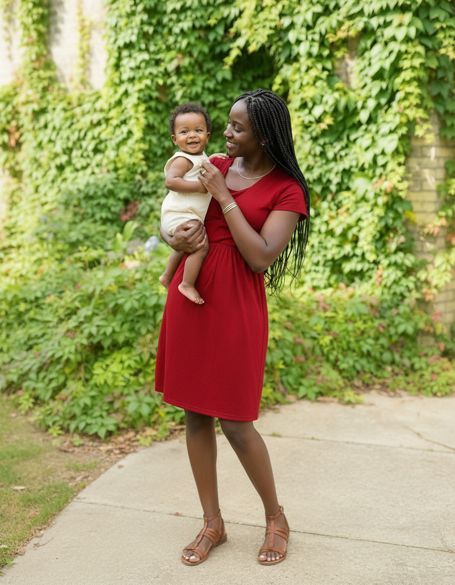 Burgundy Cotton Breastfeeding Dress | Nursing Dress | Knee Length Feeding Dress