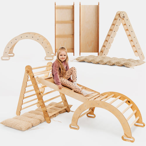 4in1 Montessori Climbing Frame Set: Triangle Ladder + Climbing Arch + Slide Board + Cushion Beige