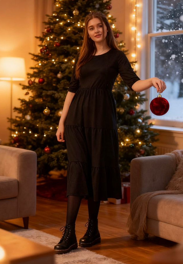 Black Cotton Midi Breastfeeding Dress | MilkyMoon