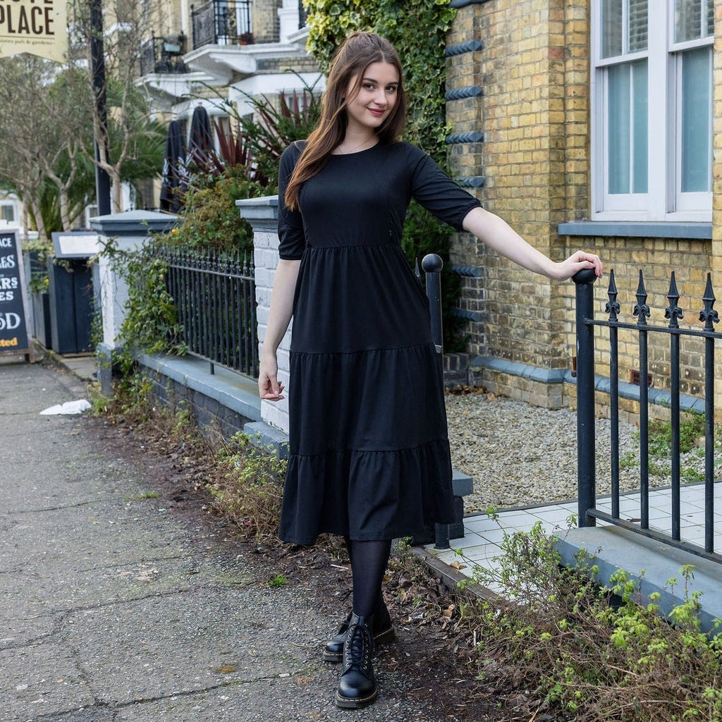 Black Cotton Midi Breastfeeding Dress | MilkyMoon