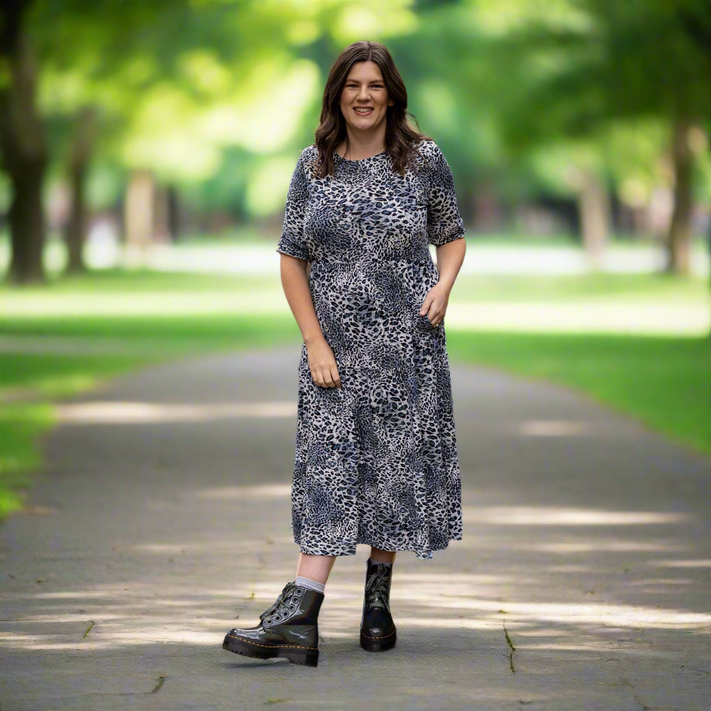 Grey Leopard Print Breastfeeding Midi Dress | Nursing Dress | MilkyMoon