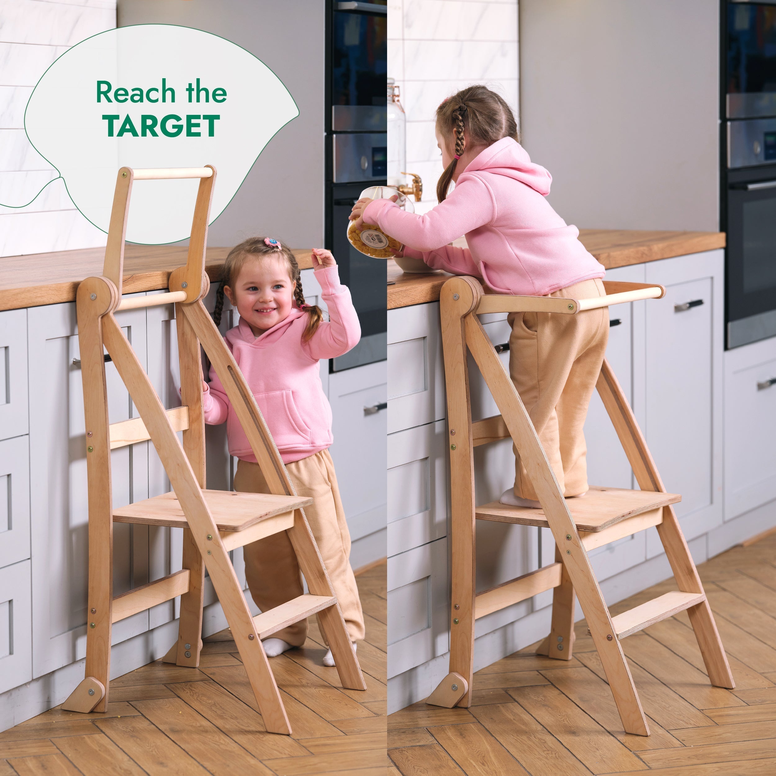 Folding Helping Stool – Montessori Growing Chair with Safety Rails for Toddlers – Grey