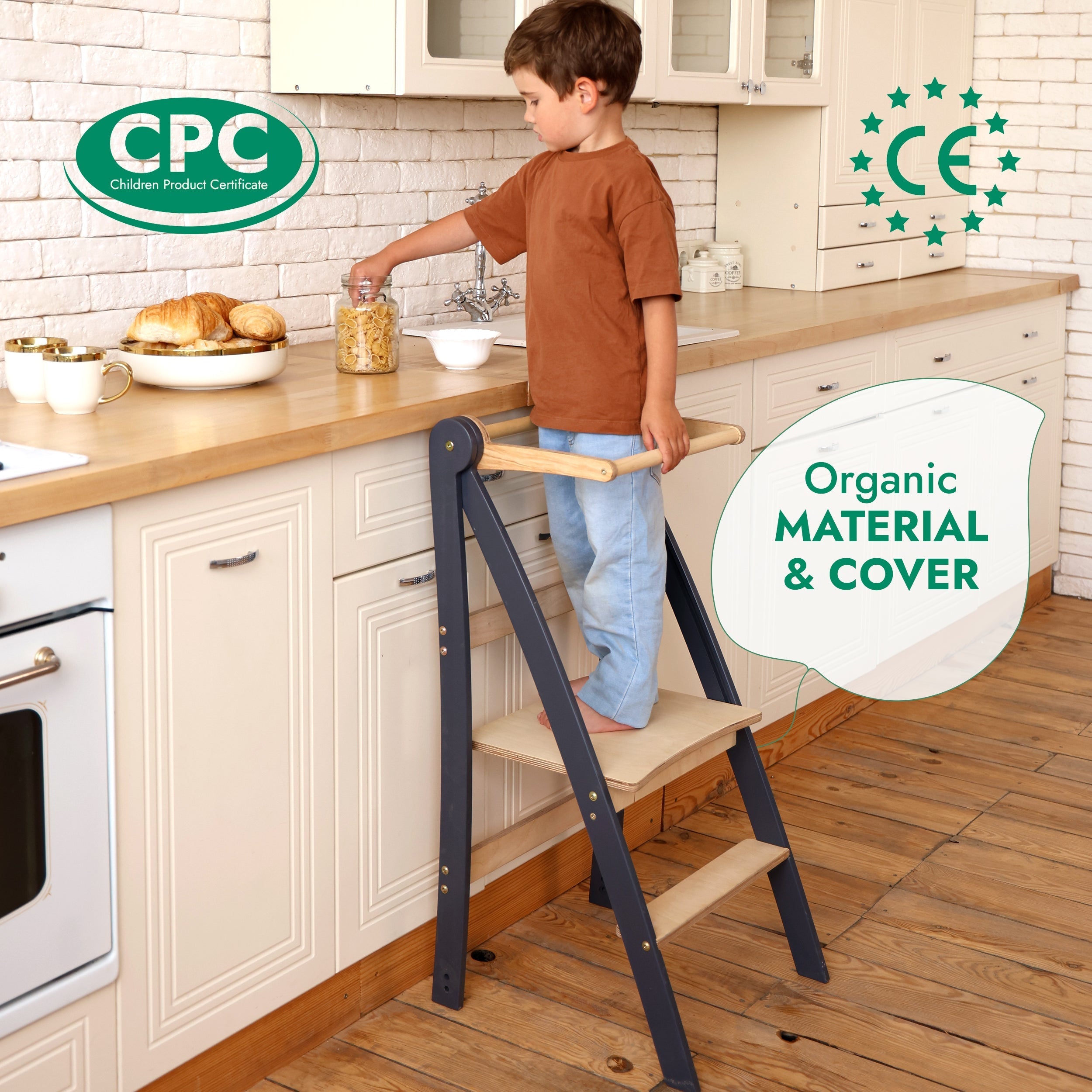 Folding Helping Stool – Montessori Growing Chair with Safety Rails for Toddlers – Grey
