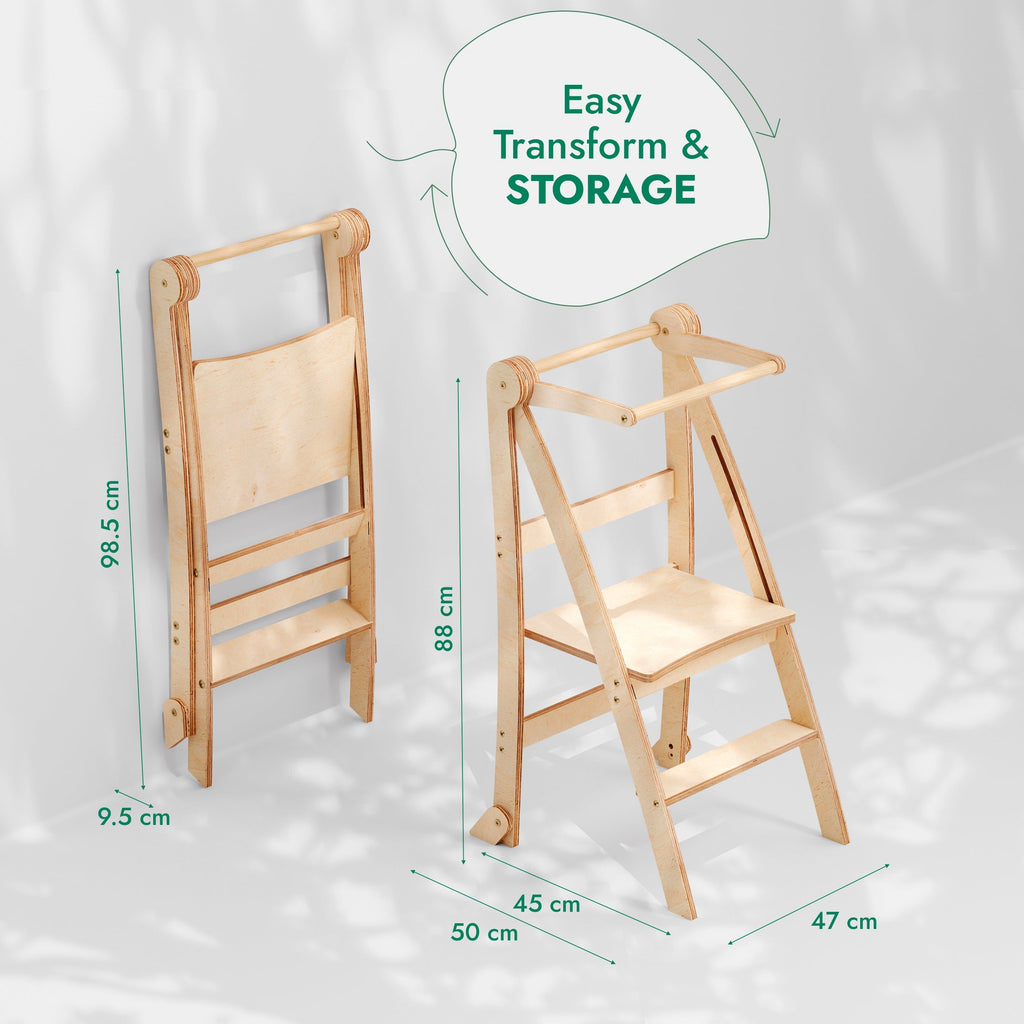 Folding Growing Chair – Montessori Step Stool with Safety Rails for Toddlers – Beige