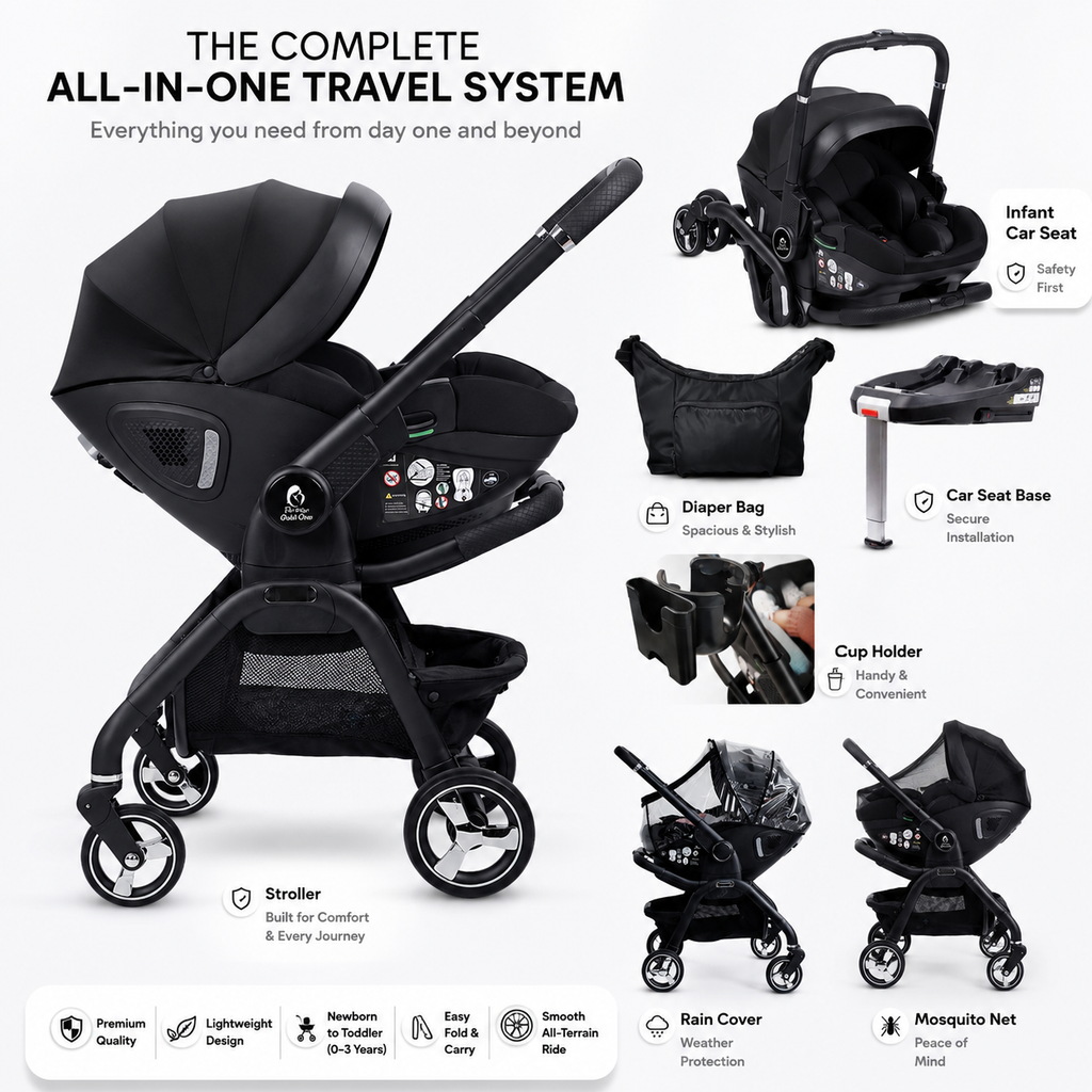 For Your Little One Qubi Infant Car Seat Stroller 7 Piece Bundle - Eclipse Black