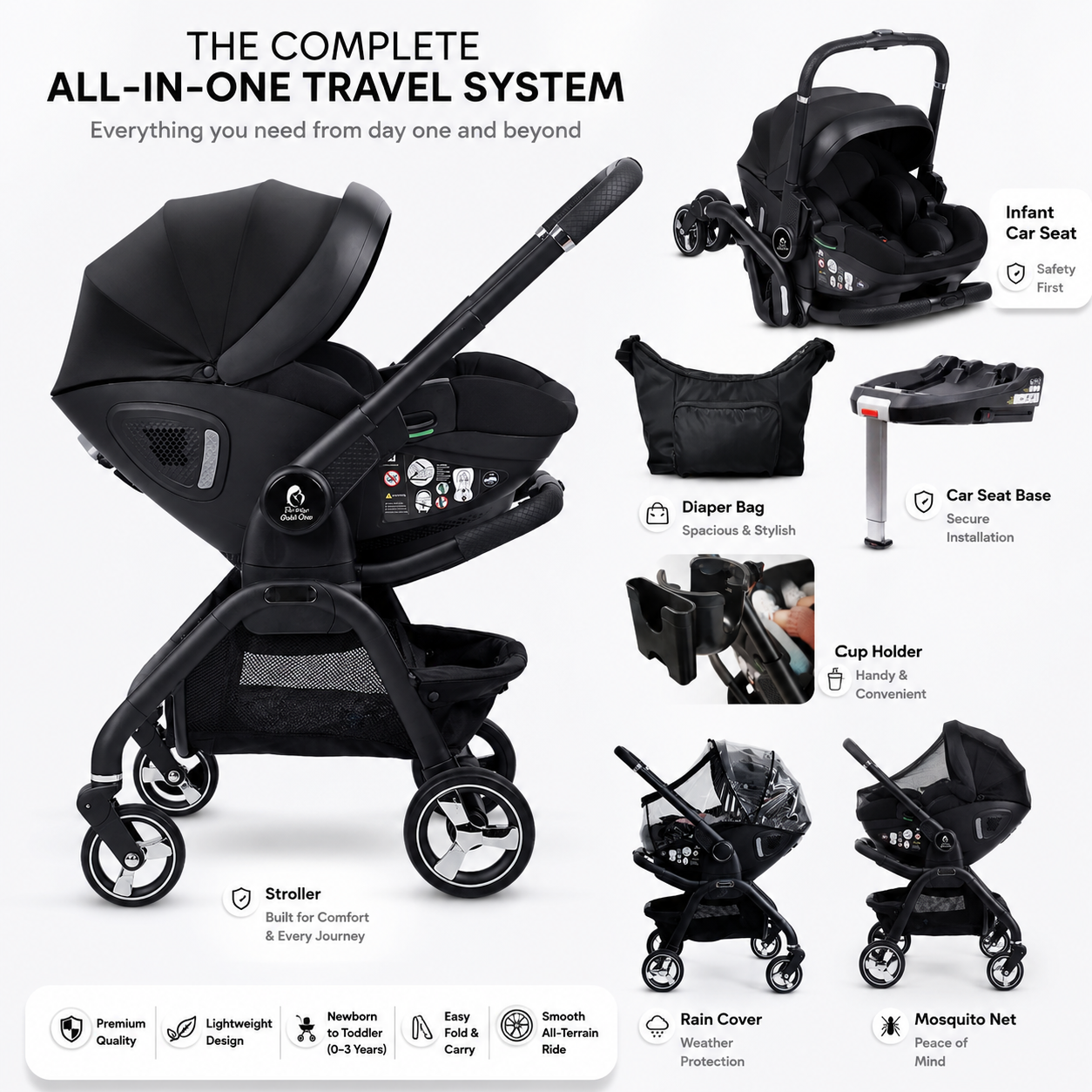 For Your Little One Qubi Infant Car Seat Stroller 7 Piece Bundle - Eclipse Black