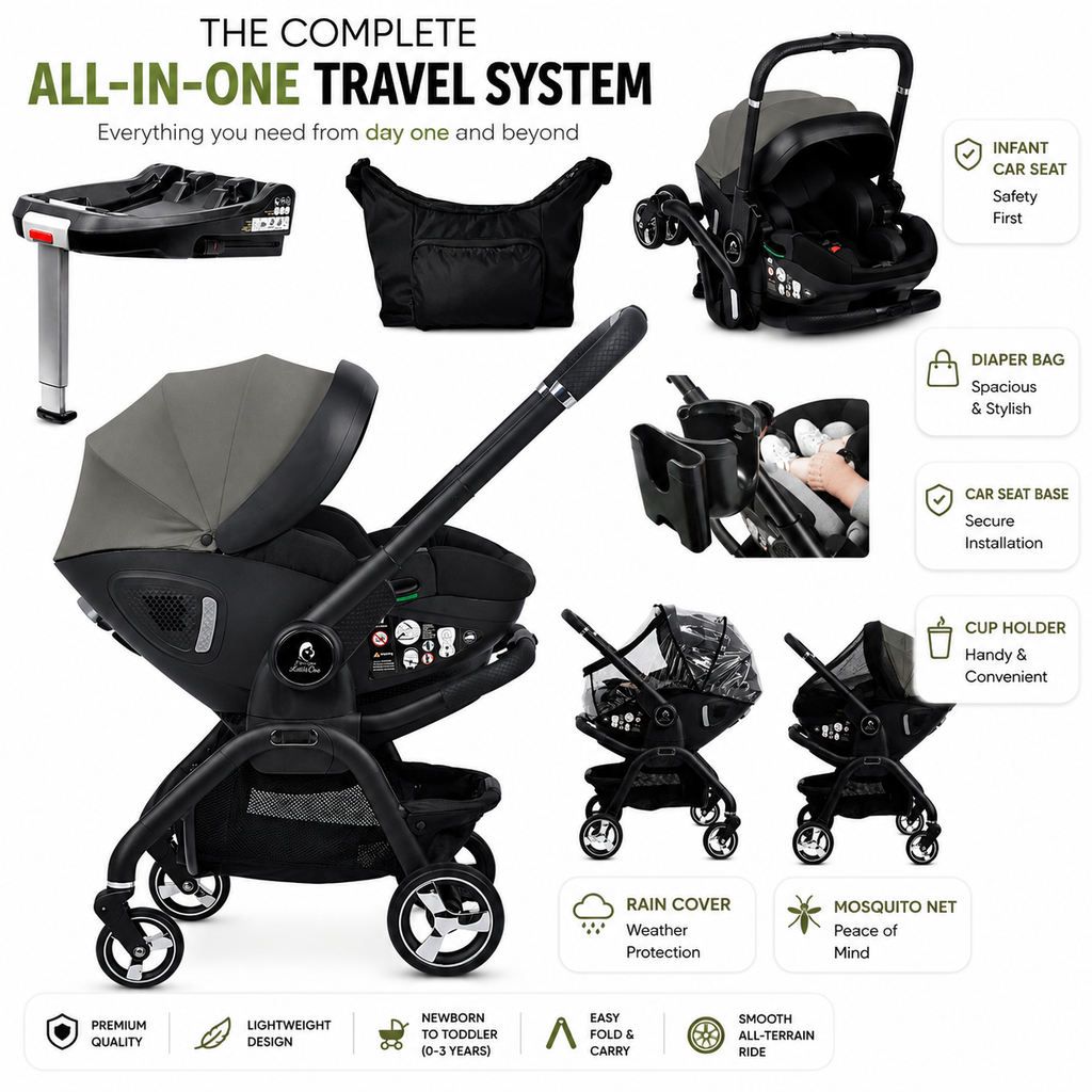 For Your Little One Qubi Infant Car Seat Stroller 7 Piece Bundle - Olive Grey