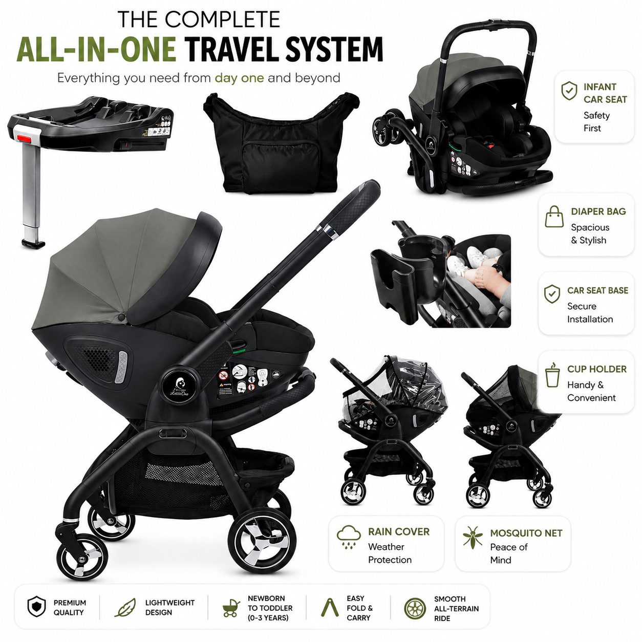 For Your Little One Qubi Infant Car Seat Stroller 7 Piece Bundle - Olive Grey