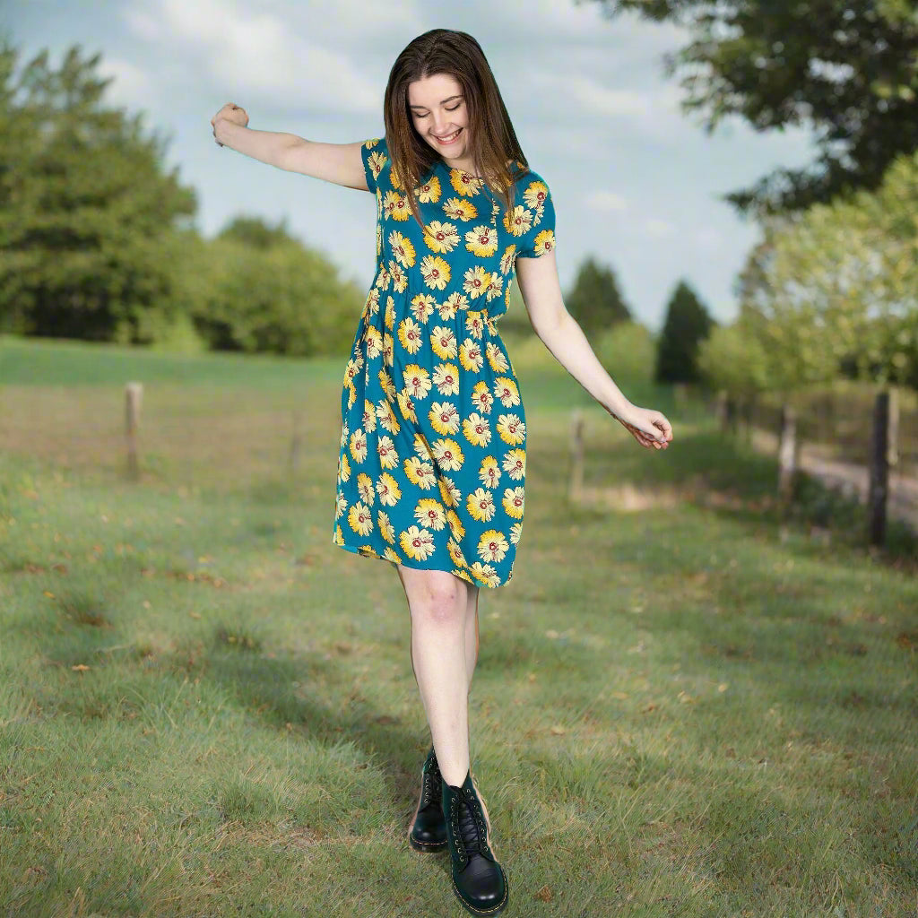 Blue Sunflower Cotton Knee Length Breastfeeding Dress