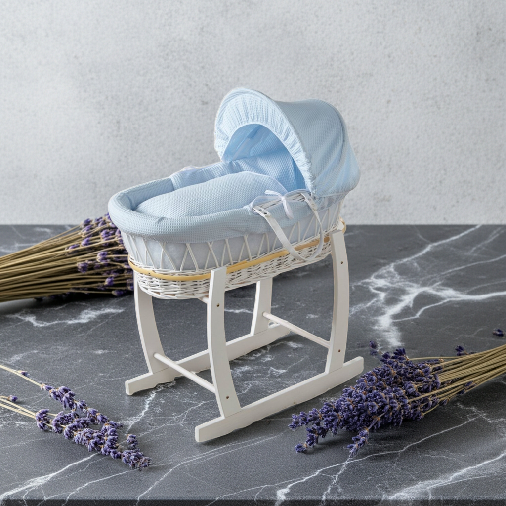 Blue Waffle White Wicker Baby Moses Basket With Stand