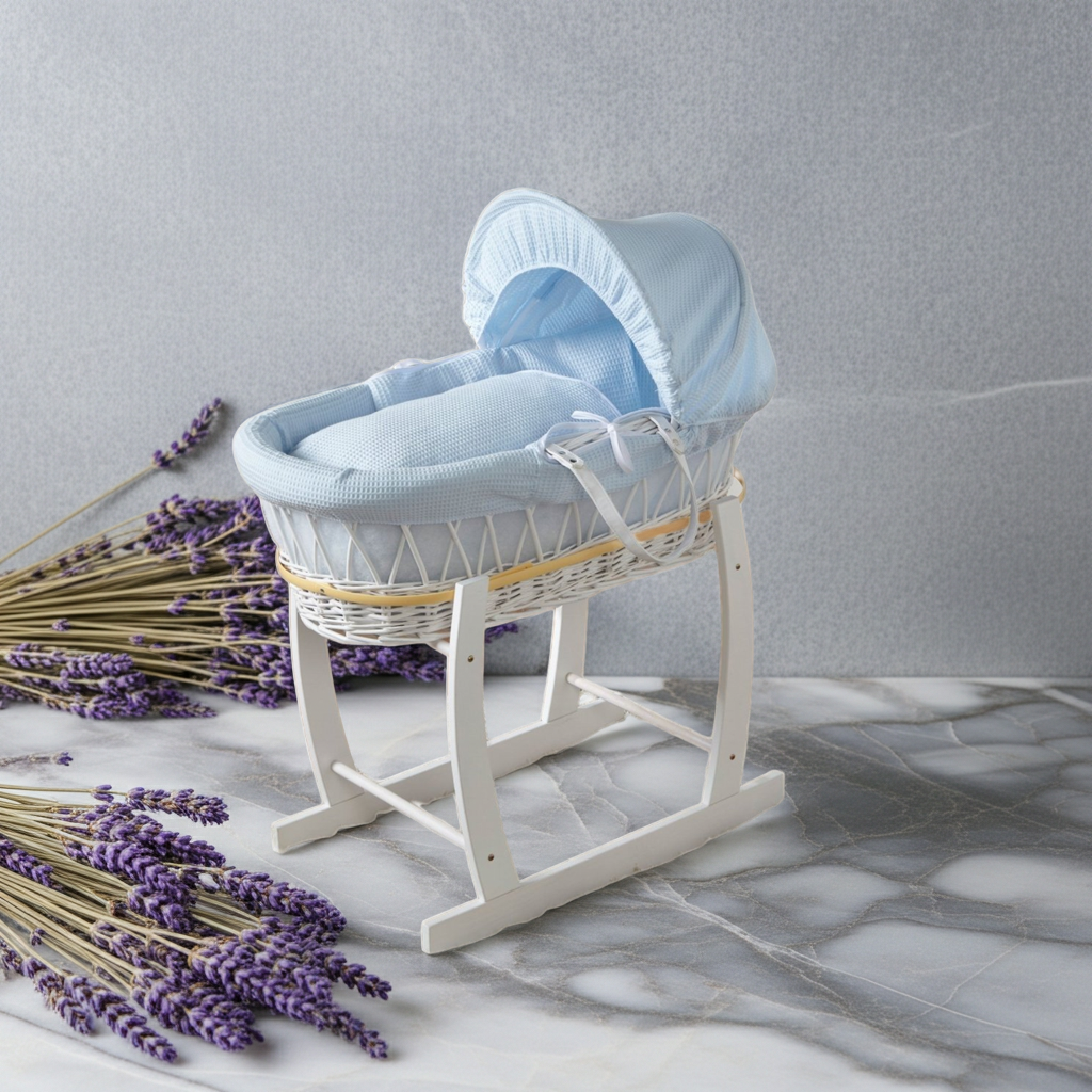 Blue Waffle White Wicker Baby Moses Basket With Stand