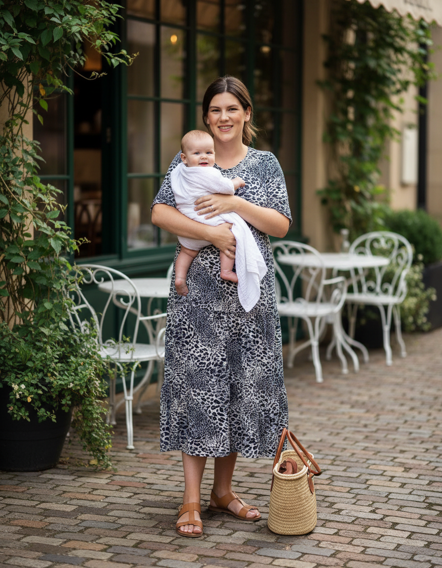 Grey Leopard Print Breastfeeding Midi Dress | Nursing Dress | MilkyMoon