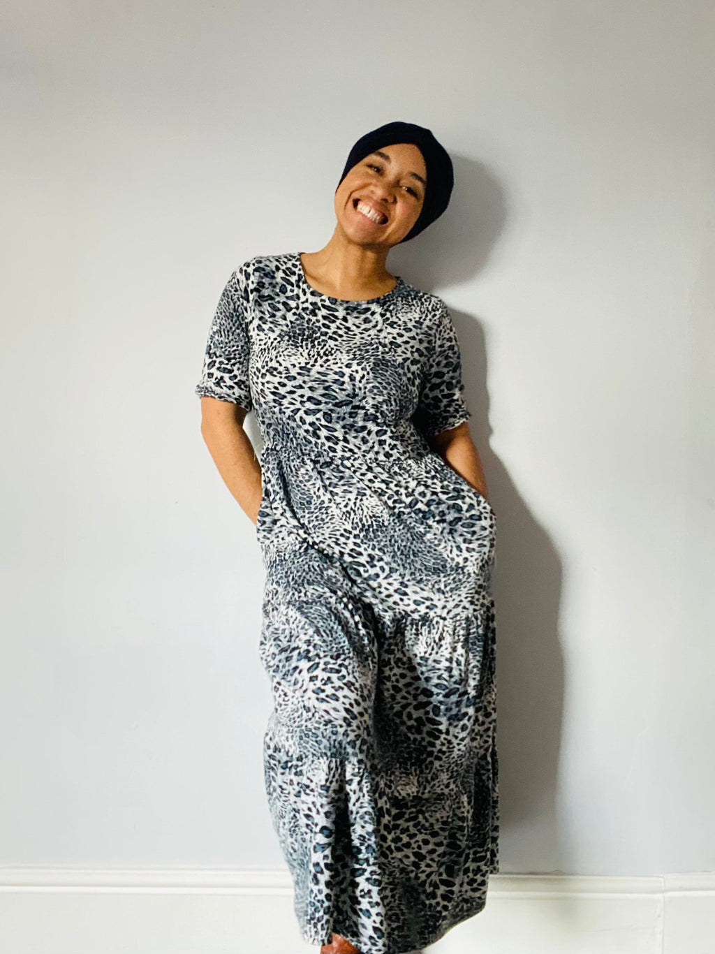 Grey Leopard Print Breastfeeding Midi Dress | Nursing Dress | MilkyMoon