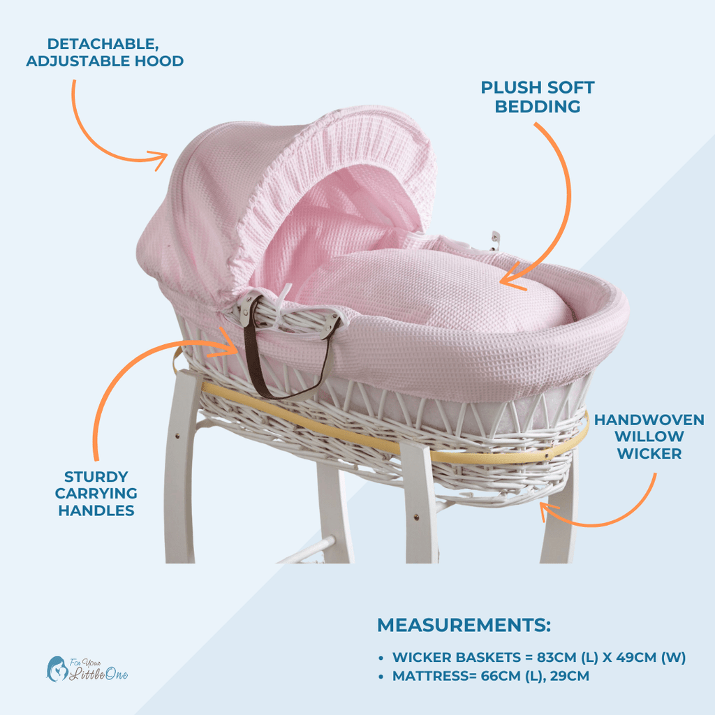 Pink Dimple Grey Wicker Baby Moses Basket With Stand