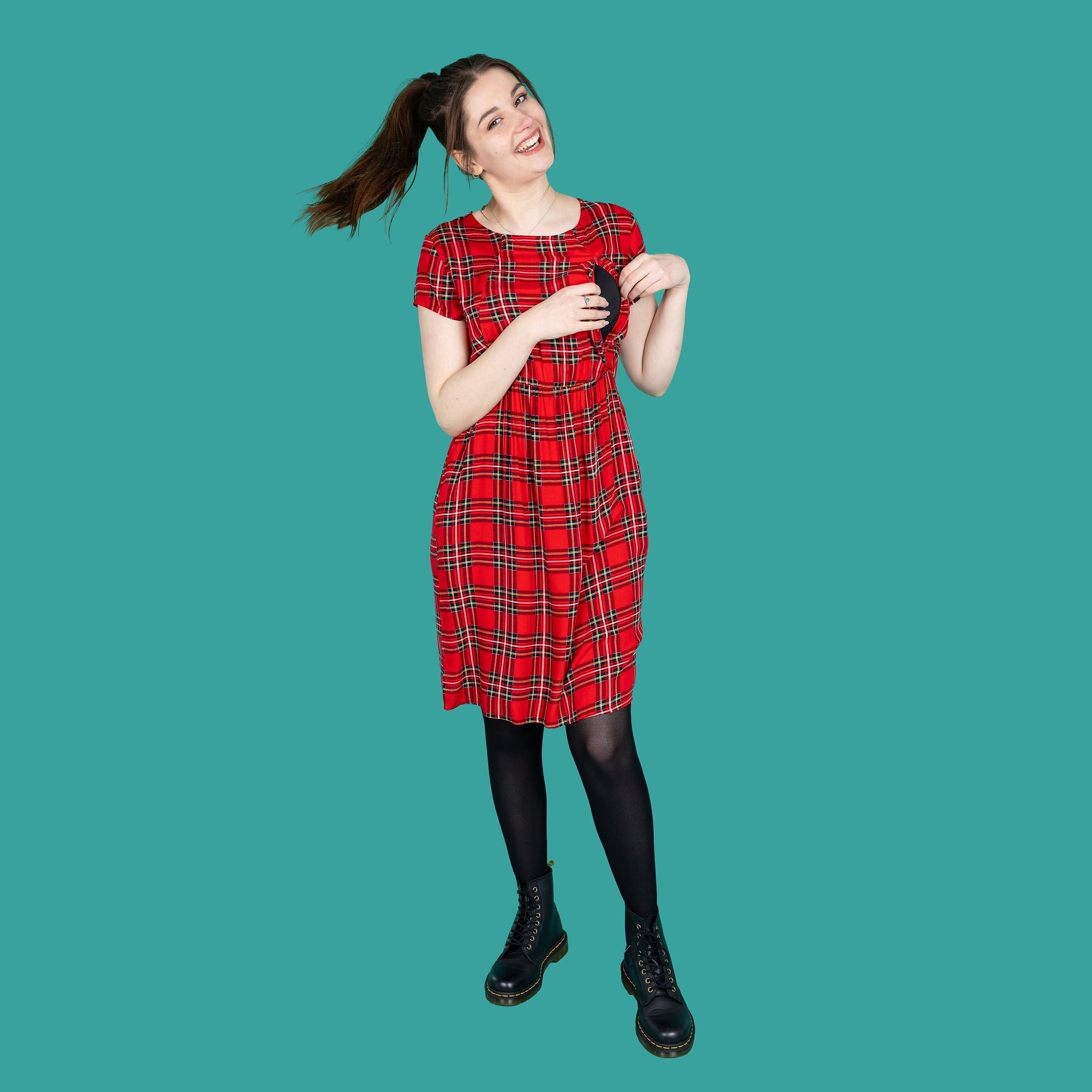 Red Tartan Cotton Knee Length Breastfeeding Dress | Nursing Dress | MilkyMoon