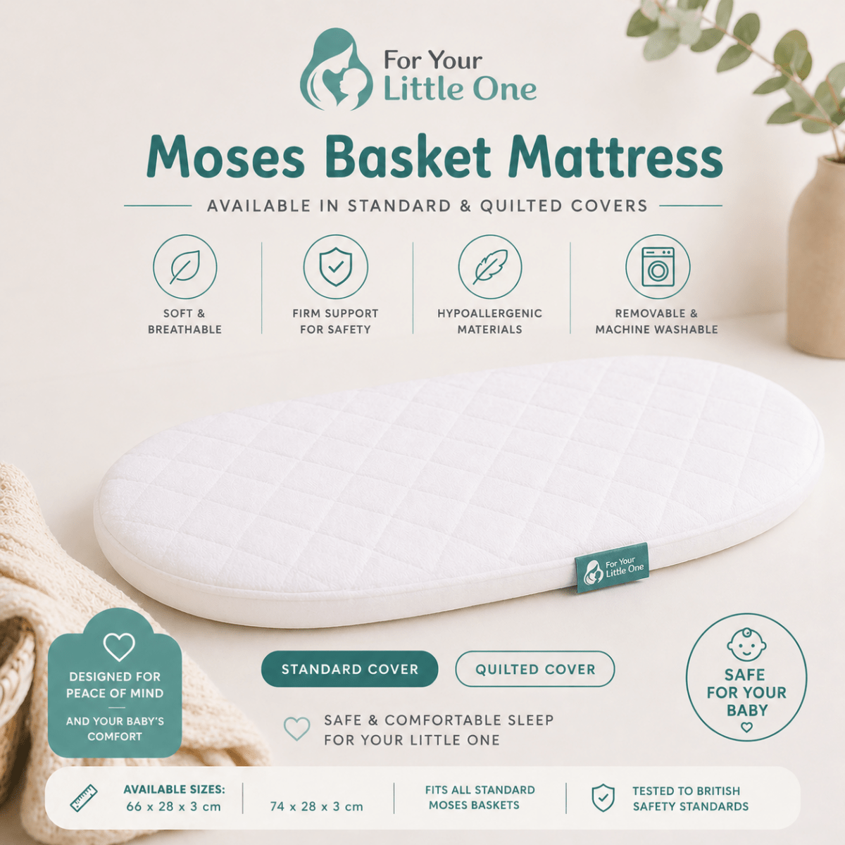 Quilted Moses Basket Mattress 66 x 28 x 3 cm