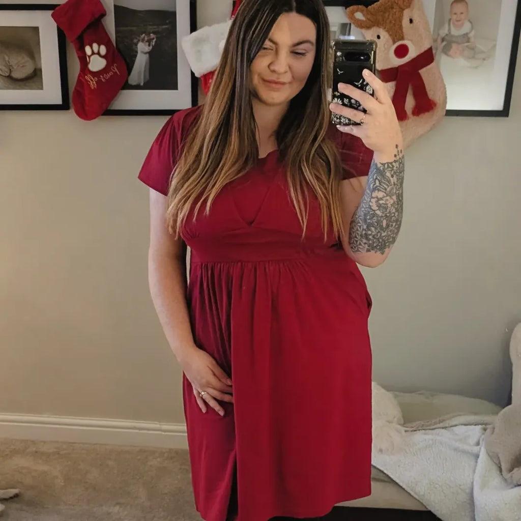 Burgundy Cotton Breastfeeding Dress | Nursing Dress | Knee Length Feeding Dress