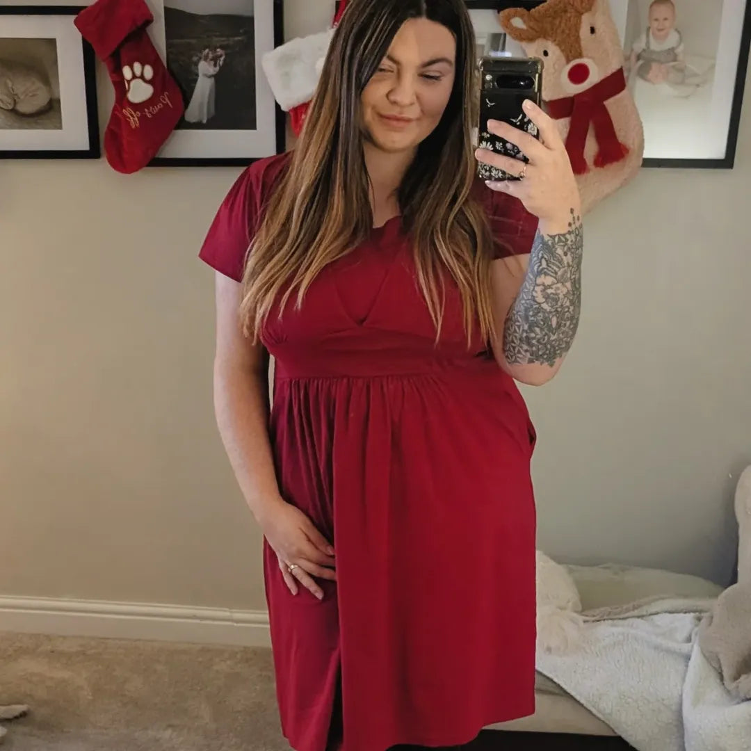 Burgundy Cotton Breastfeeding Dress | Nursing Dress | Knee Length Feeding Dress