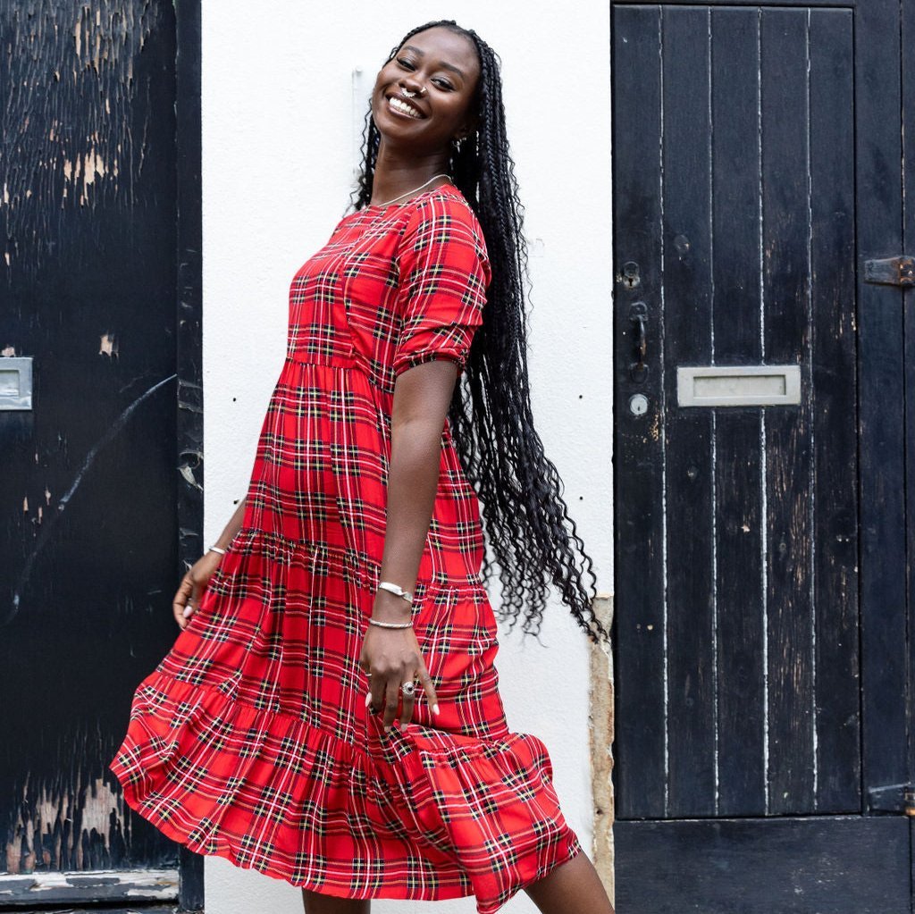 Red Tartan Breastfeeding Midi Dress | Nursing Dress | MilkyMoon